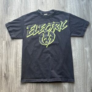 Vintage Y2K Electric Logo T Shirt Black Neon Green Lightning Bolt Mens Size S